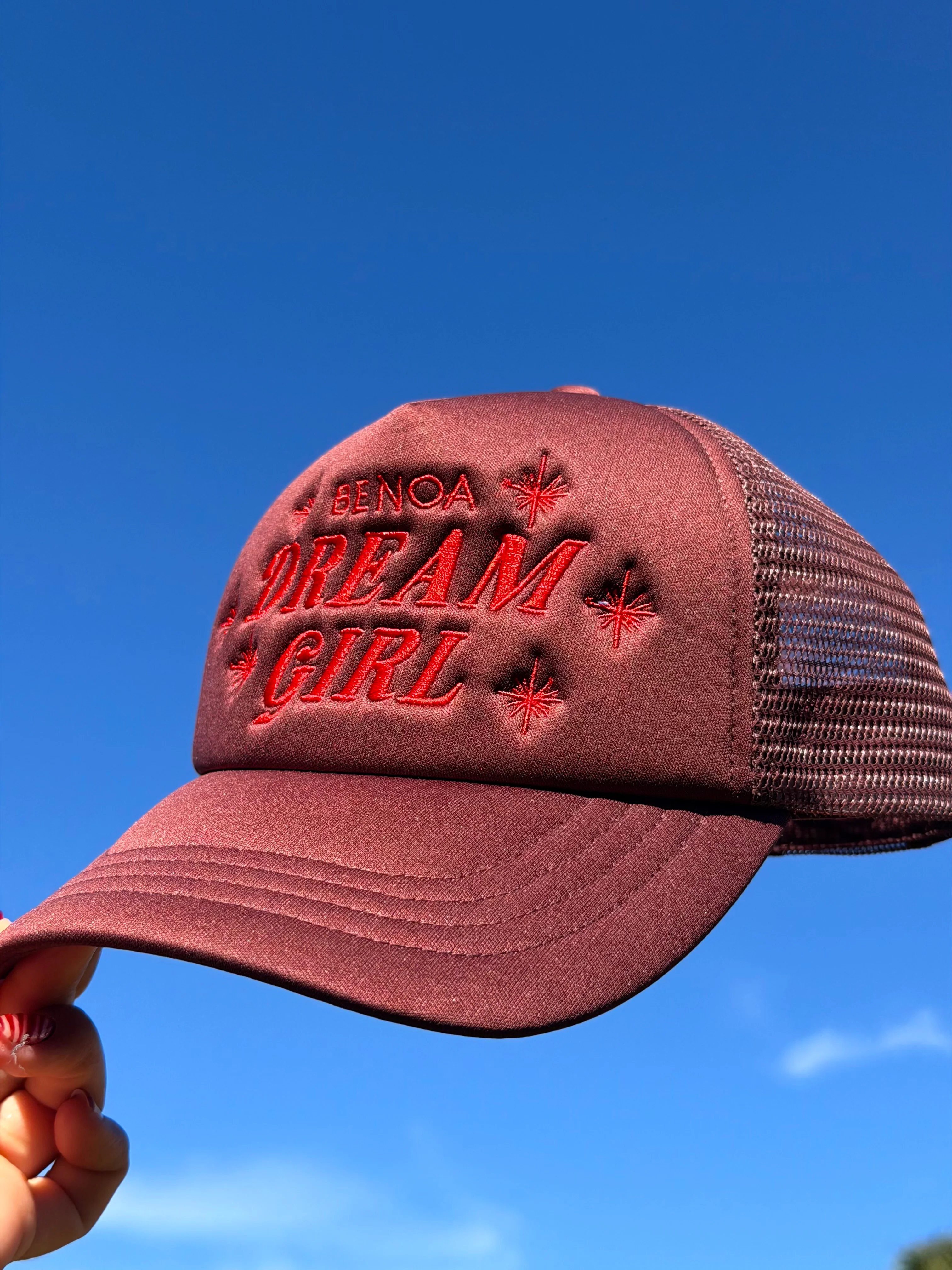 "Dream Girl" Embroidered Trucker Hat - Brown w/ Red - Image 4