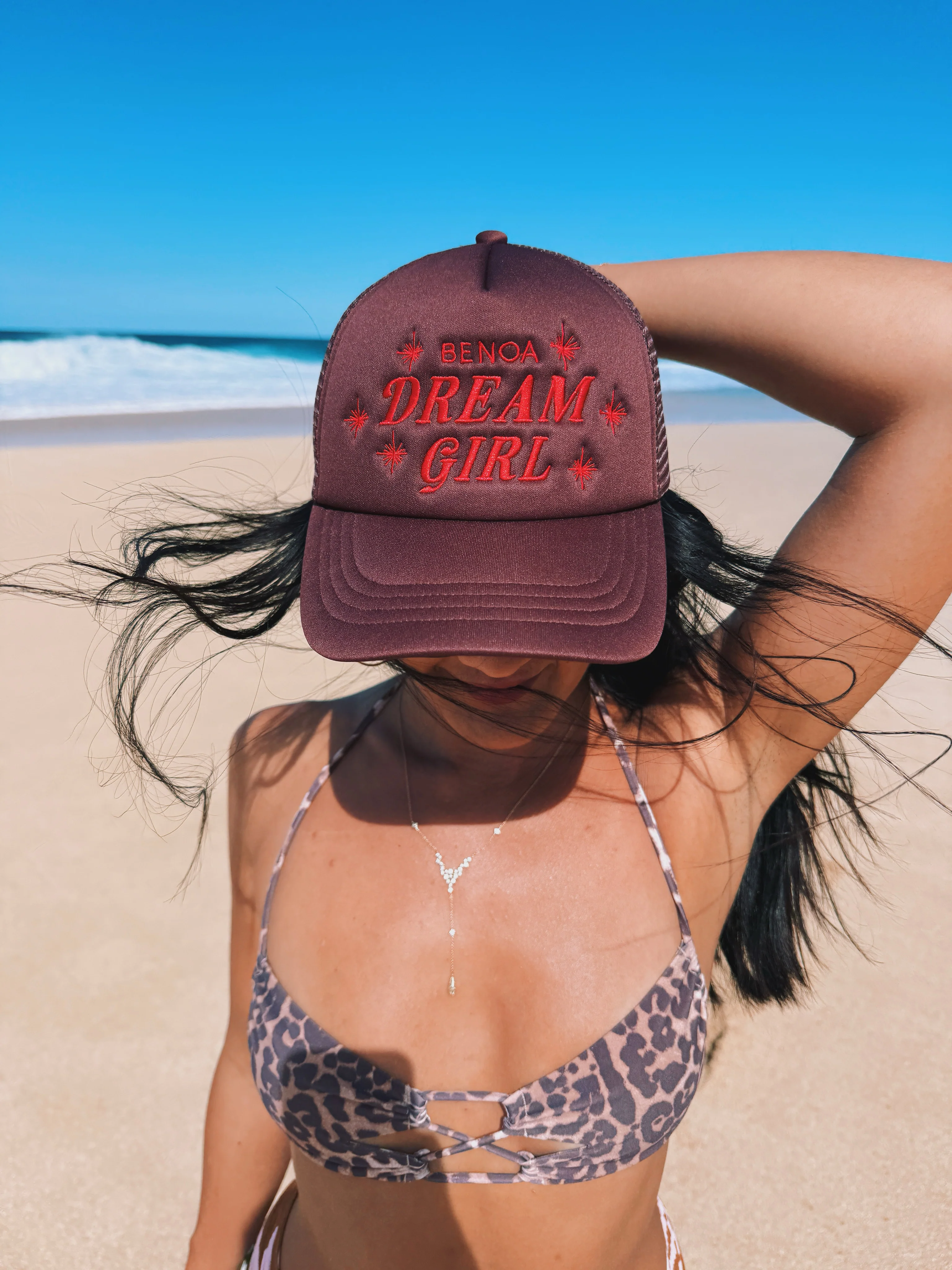"Dream Girl" Embroidered Trucker Hat - Brown w/ Red - Image 5