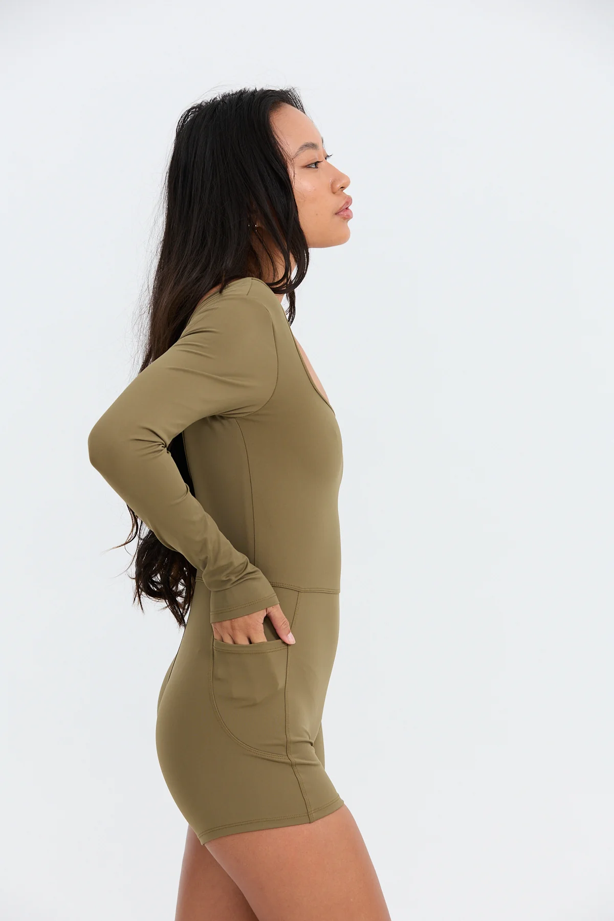 Long Sleeve Active Romper - Khaki - Image 8