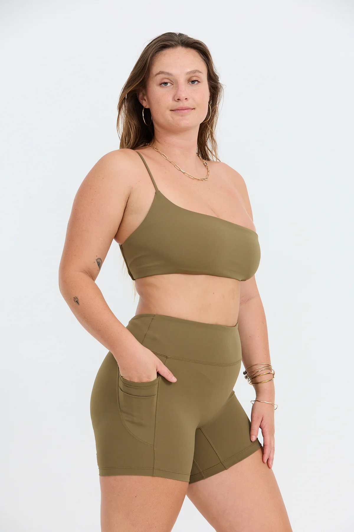 One Shoulder Sports Bra - Khaki - Image 9