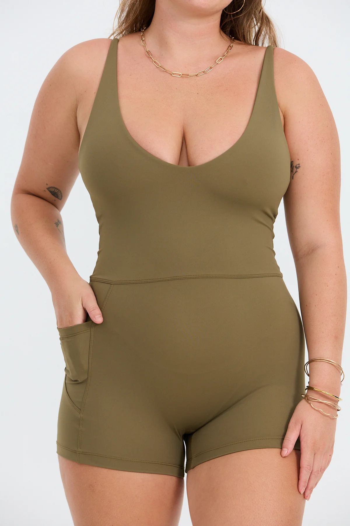 V-Neck Active Romper - Khaki - Image 4